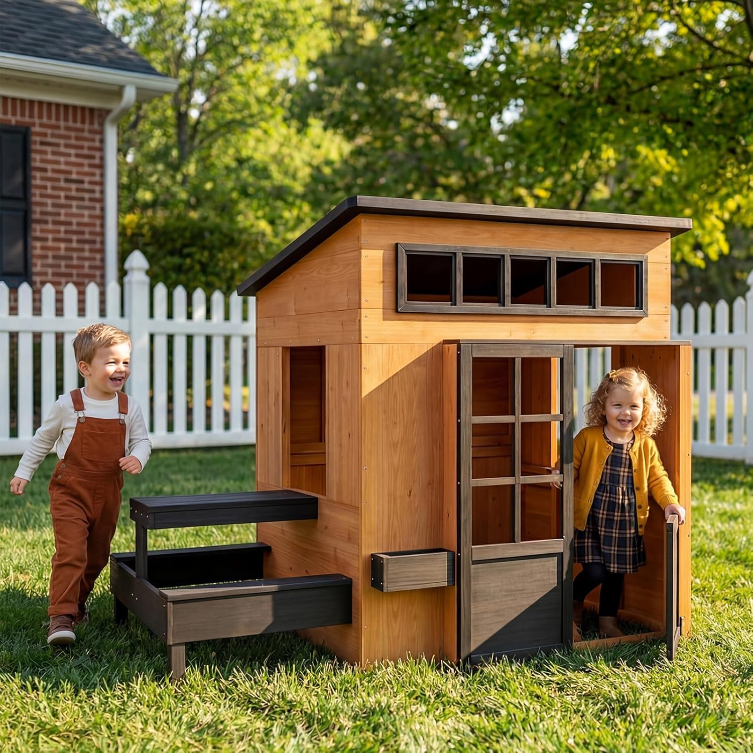 Kids Outdoor Chalkboard - Fir Wooden Kids Playhouse with Kitchen