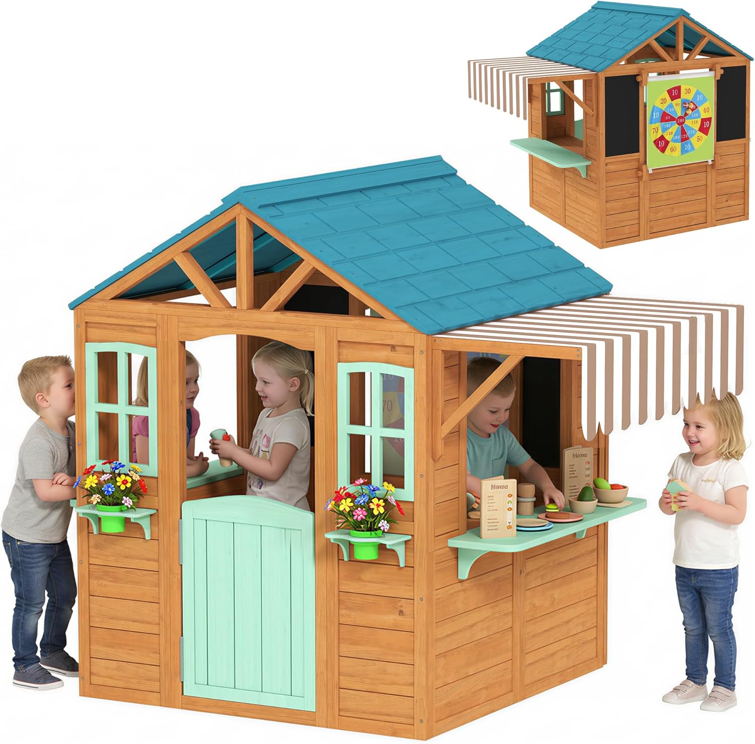 Kids Outdoor Chalkboard - Qaba Outdoor Playhouse, Wood Kids Playhouse