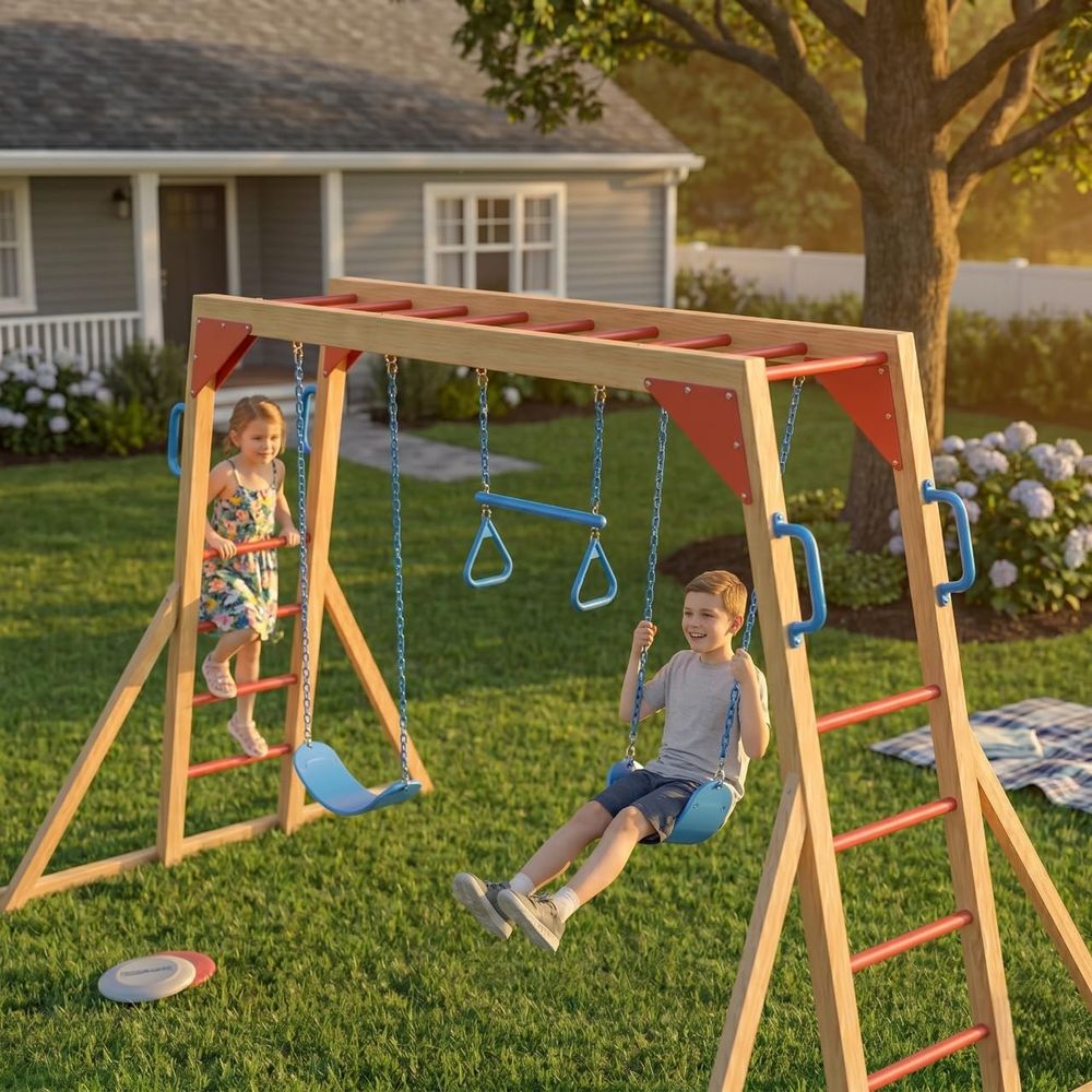 Kids Outdoor Swing - Wooden Swing Sets for Backyard with