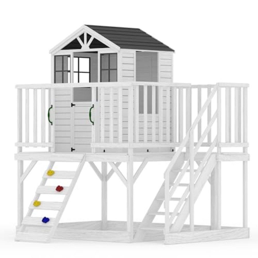 Kids Outdoor Climbing Wall - Outdoor wooden playhouse for kids: 2-story