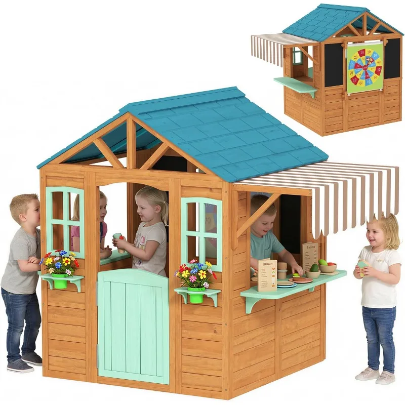 Kids Outdoor Chalkboard - Qaba Outdoor Playhouse, Wood Kids Playhouse